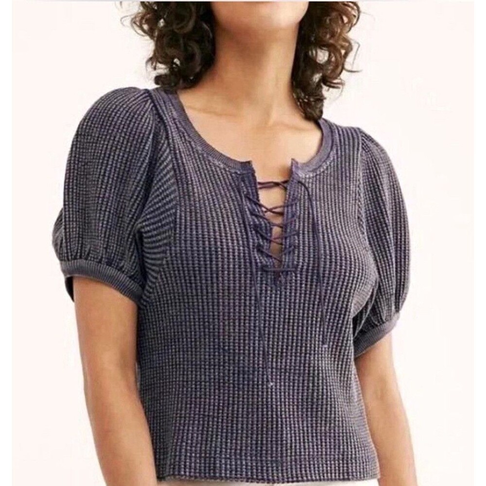 Free People FP One Hayden Thermal Top XS Blue Waffle Lace-Up Puff Sleeve